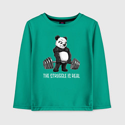 Лонгслив хлопковый детский Это настоящая борьба - панда штангист, цвет: зеленый