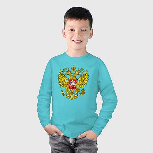 Детский лонгслив Герб России - прозрачный фон / Бирюзовый – фото 3