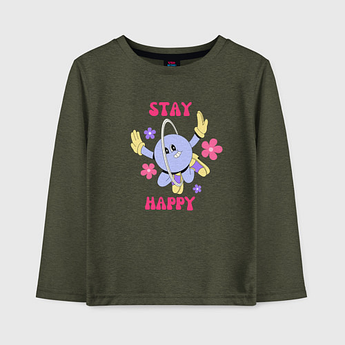 Детский лонгслив Stay happy, планета с ромашками / Меланж-хаки – фото 1