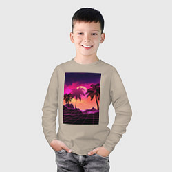 Лонгслив хлопковый детский Пальмы и пляж в розовом закате, цвет: миндальный — фото 2