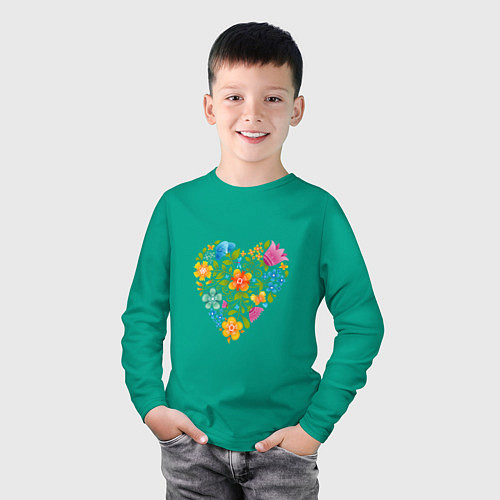 Детский лонгслив Цветочный орнамент в форме сердца Любовь / Зеленый – фото 3