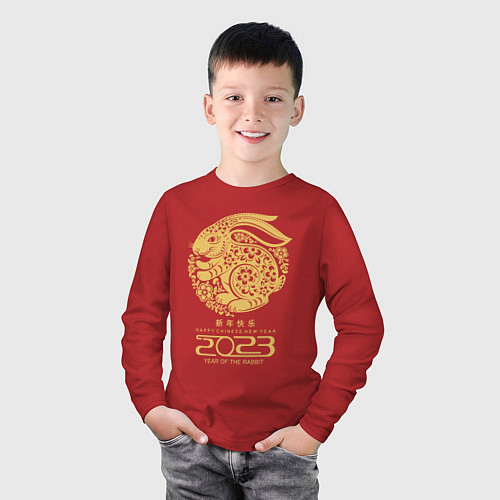 Детский лонгслив Happy chinese new year, year of the rabbit - 2023 / Красный – фото 3