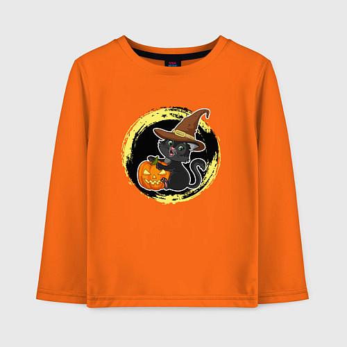 Детский лонгслив Черный кот с тыквой Хэллоуин / Оранжевый – фото 1