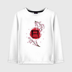 Лонгслив хлопковый детский Цветущая сакура и красный круг с японским иероглиф, цвет: белый