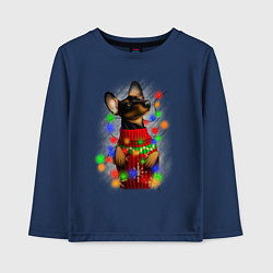 Лонгслив хлопковый детский Новогодняя такса, цвет: тёмно-синий