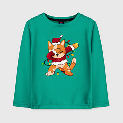 Лонгслив хлопковый детский Котик в костюме Санты, цвет: зеленый