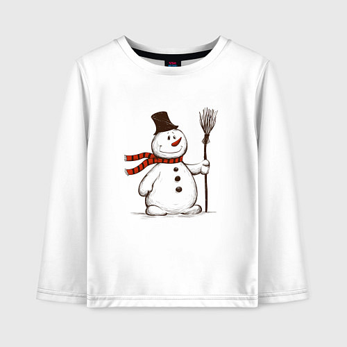 Детский лонгслив Новогодний снеговик с метлой / Белый – фото 1