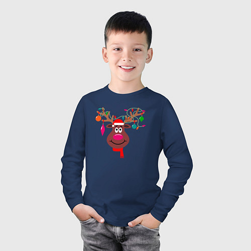 Детский лонгслив Новогодний олень с гирляндой на рогах / Тёмно-синий – фото 3