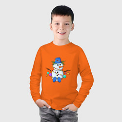 Лонгслив хлопковый детский Веселый новогодний снеговик, цвет: оранжевый — фото 2