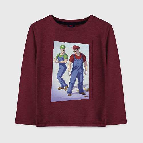 Детский лонгслив Марио и Луиджи - крутые чуваки - стилизация / Меланж-бордовый – фото 1