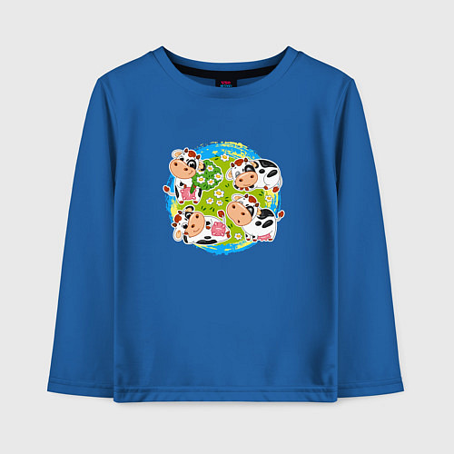 Детский лонгслив Мультяшные коровки на лугу / Синий – фото 1