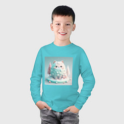 Лонгслив хлопковый детский Толстый снежный котик пастельные цвета, цвет: бирюзовый — фото 2