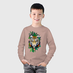 Лонгслив хлопковый детский Голова Тигра среди листьев и цветов, Тигр символ 2, цвет: пыльно-розовый — фото 2