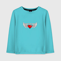 Лонгслив хлопковый детский Сердце с крыльями и надписью, цвет: бирюзовый
