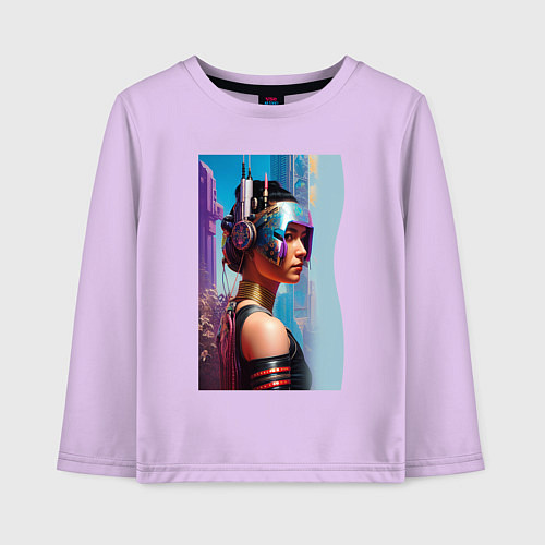 Детский лонгслив Girl in helmet - cyberpunk - neural network / Лаванда – фото 1