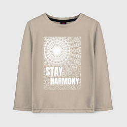 Лонгслив хлопковый детский Stay harmony надпись и мандала, цвет: миндальный