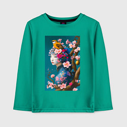 Лонгслив хлопковый детский Девушка с птицей на фоне цветущей сакуры, цвет: зеленый