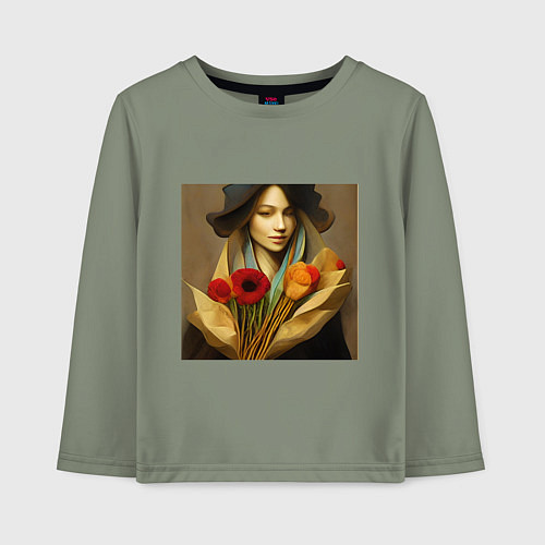 Детский лонгслив Девушка с цветами в стиле экспрессионизм, дизайн 1 / Авокадо – фото 1