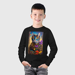 Лонгслив хлопковый детский Кот в стиле стимпанк - нейросеть - искусство, цвет: черный — фото 2