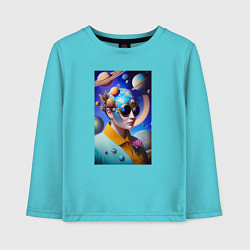 Лонгслив хлопковый детский Футуристическая женщина и планеты, цвет: бирюзовый