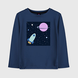 Лонгслив хлопковый детский Космос, ракета летит к планете, цвет: тёмно-синий