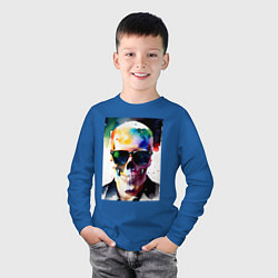 Лонгслив хлопковый детский Акварельный череп в очках, цвет: синий — фото 2