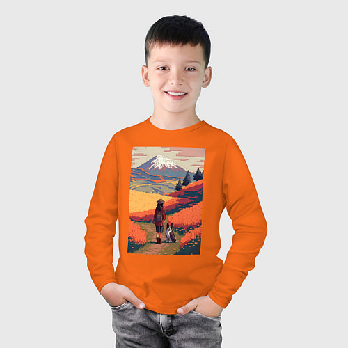 Детский лонгслив Девушка, выгуливающая собаку на полях Японии / Оранжевый – фото 3