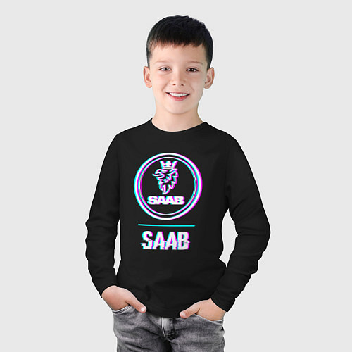 Детский лонгслив Значок Saab в стиле glitch / Черный – фото 3