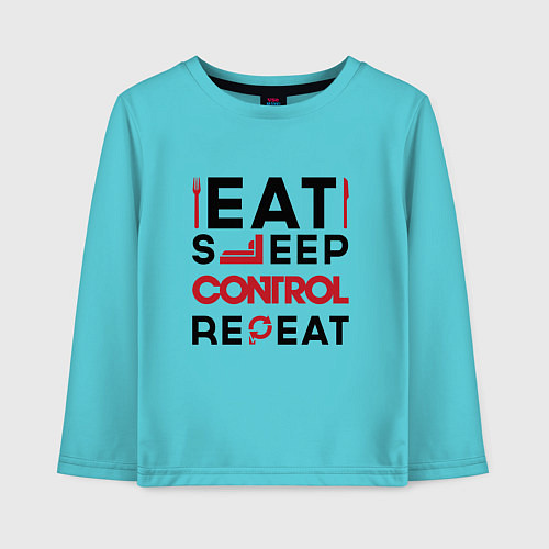 Детский лонгслив Надпись: eat sleep Control repeat / Бирюзовый – фото 1