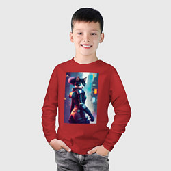 Лонгслив хлопковый детский Крутая кисуля - киберпанк, цвет: красный — фото 2