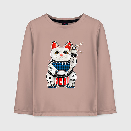 Детский лонгслив Нэко кот барабанщик / Пыльно-розовый – фото 1