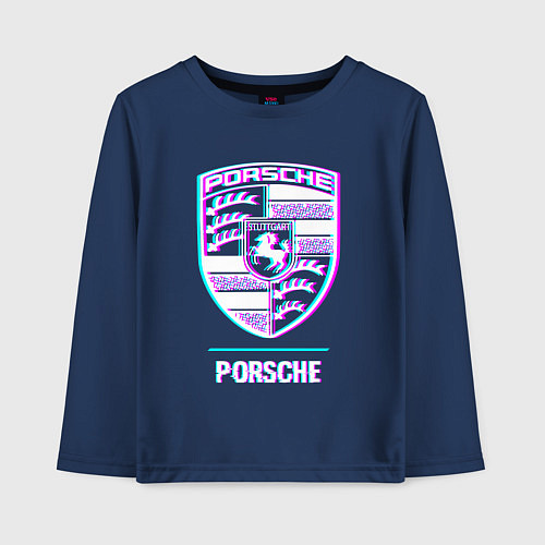 Детский лонгслив Значок Porsche в стиле glitch / Тёмно-синий – фото 1