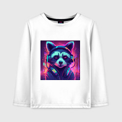 Детский лонгслив Антропоморфный енот в наушниках на фоне киберпанк-