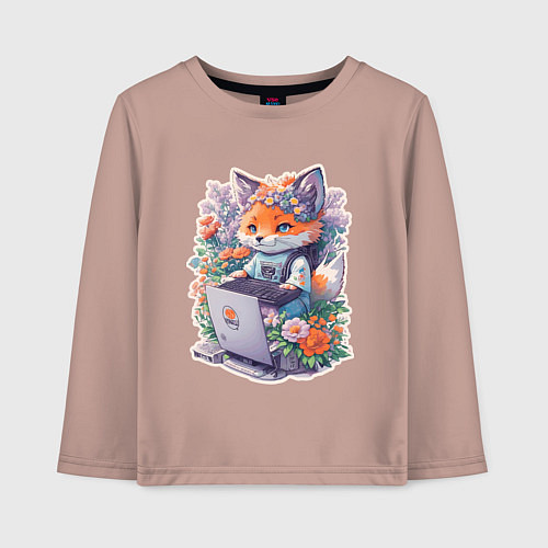 Детский лонгслив Лиса геймер за компьютером / Пыльно-розовый – фото 1