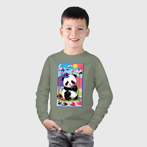 Детский лонгслив Маленький пандёныш среди игрушек - сюрреализм / Авокадо – фото 3