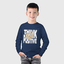 Лонгслив хлопковый детский Забавный кот и надпись Think positive, цвет: тёмно-синий — фото 2