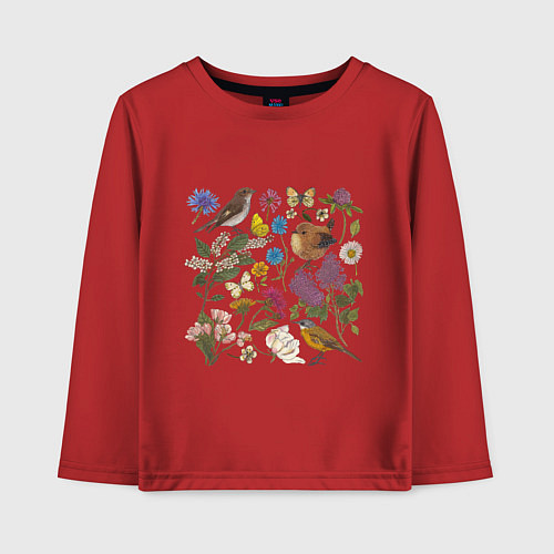 Детский лонгслив Цветение и птички / Красный – фото 1