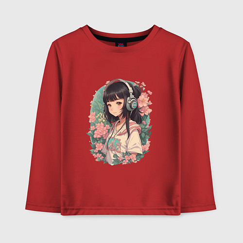 Детский лонгслив Девочка в стиле анимэ в наушниках среди цветов пор / Красный – фото 1