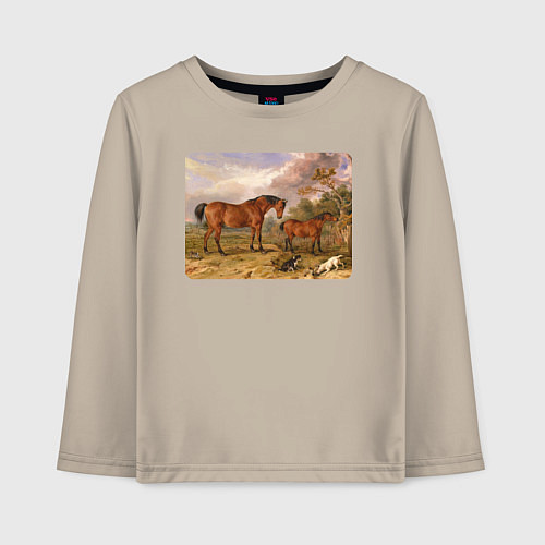 Детский лонгслив Две лошади и две собаки / Миндальный – фото 1