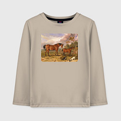 Лонгслив хлопковый детский Две лошади и две собаки, цвет: миндальный
