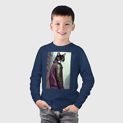 Лонгслив хлопковый детский Модный котяра - Лондон - нейросеть, цвет: тёмно-синий — фото 2