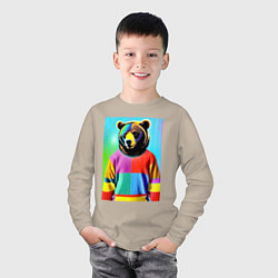 Лонгслив хлопковый детский Мишутка в пэчворк свитере - поп-арт ai, цвет: миндальный — фото 2