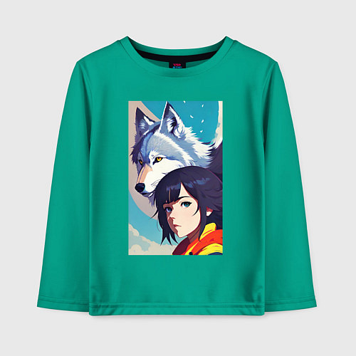 Детский лонгслив Girl and wolf - anime - neural network -art / Зеленый – фото 1