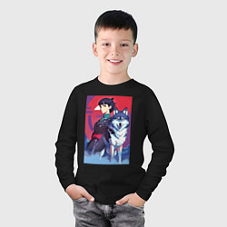 Лонгслив хлопковый детский Девочка со своим другом волком - аниме, цвет: черный — фото 2