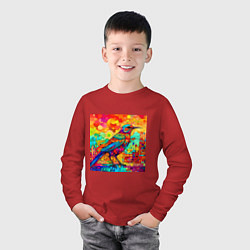 Лонгслив хлопковый детский Красочная птица - мозаика - нейросеть, цвет: красный — фото 2