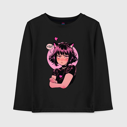 Детский лонгслив Милая аниме кошкодевочка / Черный – фото 1