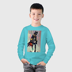 Лонгслив хлопковый детский Чёрная кисуля - городская модница - живопись, цвет: бирюзовый — фото 2