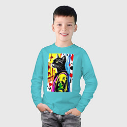 Лонгслив хлопковый детский Модный чёрный кот - поп-арт, цвет: бирюзовый — фото 2