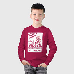 Лонгслив хлопковый детский Кит Харинг НЛО - картина поп арт, цвет: маджента — фото 2