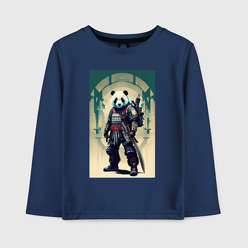 Детский лонгслив Панда - самурай - киберпанк / Тёмно-синий – фото 1